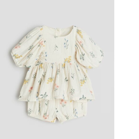 H&M 2-piece Patterned Muslin Set Cream Floral Baby 9-12M - Picture 1 of 8